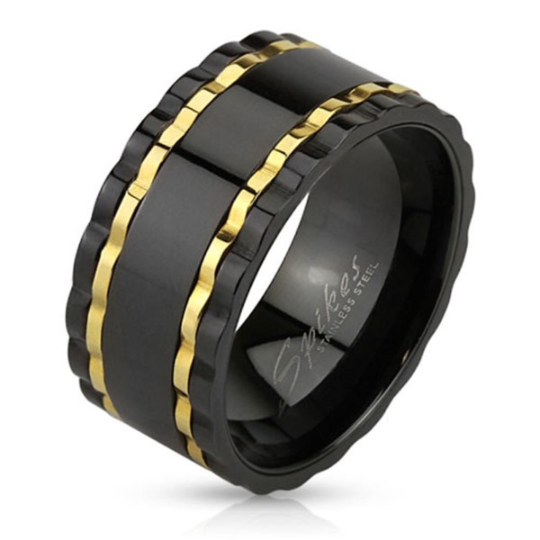 Coolbodyart Edelstahl Unisex Ring schwarz Wavy Edge Gold Line und Außenring